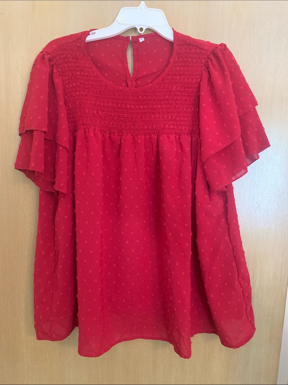 ❤️FLIRTY PLUS SIZE 3X Red Swiss Dot Smocked yoke Flutter Sleeve Blouse♥️